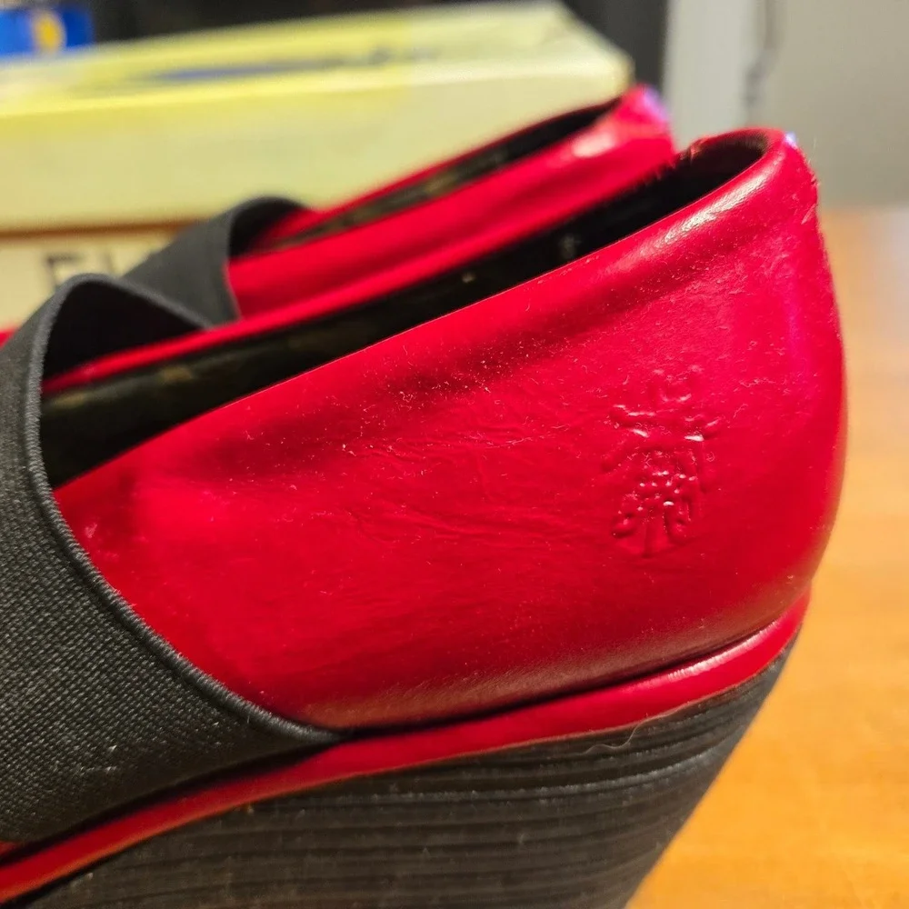 Fly London Red Leather Wedge Shoes with Black Elastic Strap